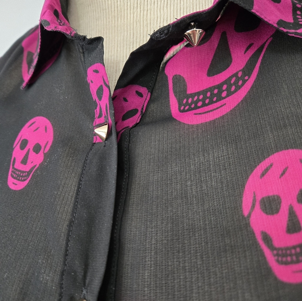 Black and Pink Sheer Skull Blouse with Studded Silver Buttons. Size Small - Picture 2 of 10